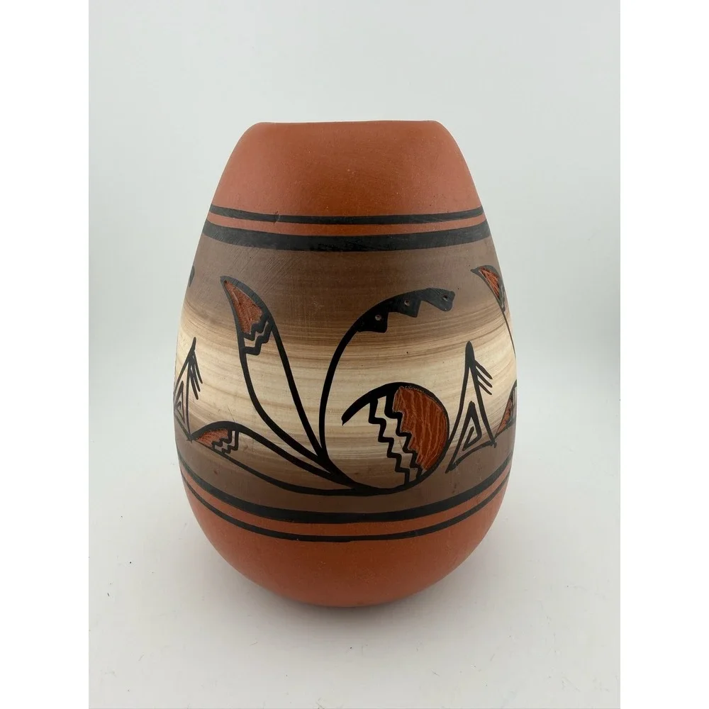 Mike Namingjo Signed Hand Painted Southwestern Pottery Vase Terracotta‎